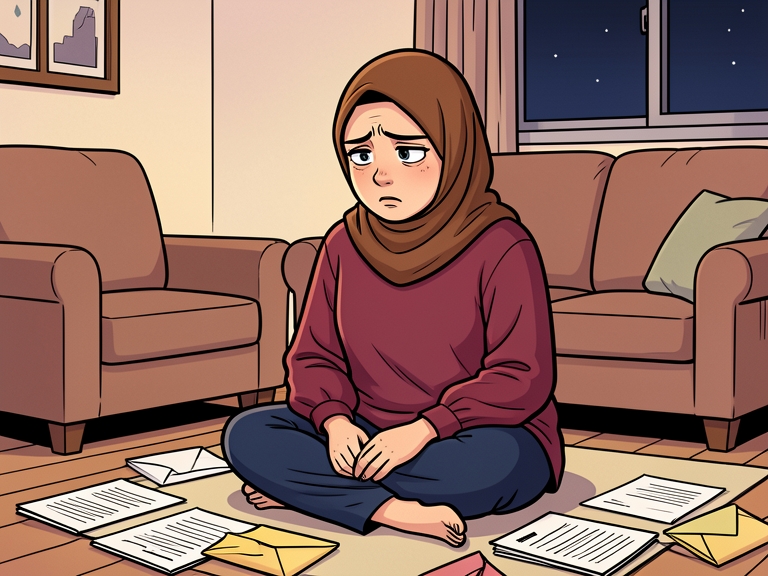 Komik: Perempuan berkerudung cokelat duduk di lantai ruang tamu, dikelilingi kertas tagihan, wajahnya cemas.