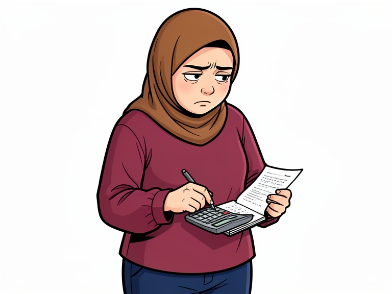 Komik: Perempuan itu memegang kalkulator dan buku kecil, mencatat angka dari selembar tagihan, wajah tegang tapi fokus.