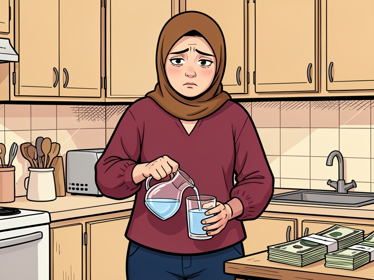 Komik: Perempuan itu menuang air panas ke gelas di dapur sederhana, bahunya lebih rileks, tumpukan tagihan terlihat di meja belakang.