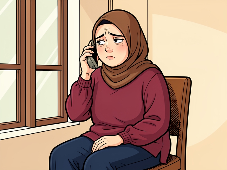 Komik: Perempuan itu duduk di kursi dekat jendela, menelepon, wajahnya tenang dan sedikit lega.