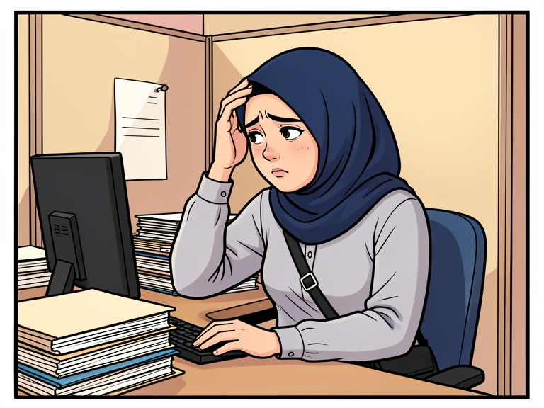 Komik: Seorang perempuan berkerudung biru duduk di meja kerja sambil memegang dahi, tampak cemas.