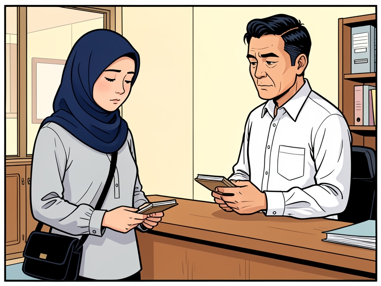 Komik: Perempuan berkerudung biru berdiri di dekat meja atasan sambil menunduk, memegang buku catatan kecil.