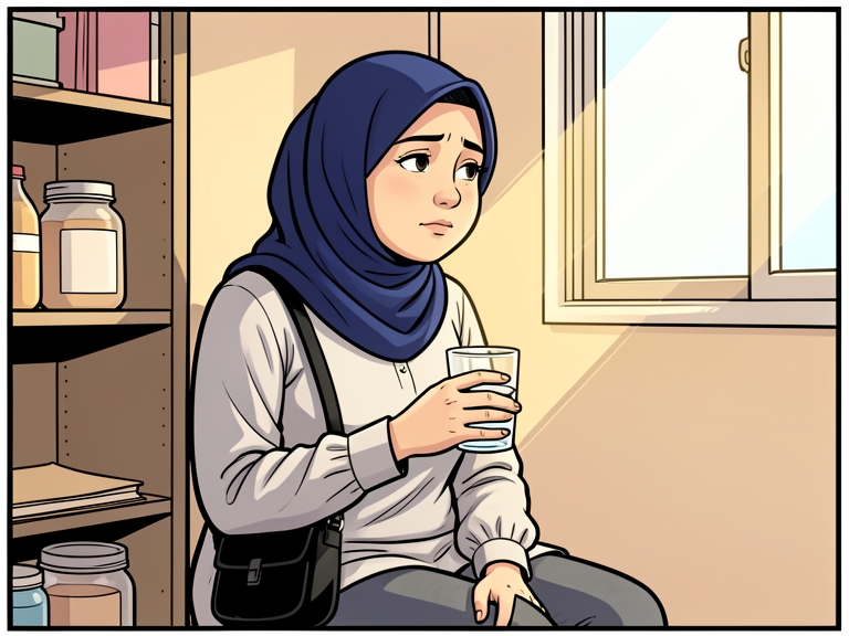 Komik: Perempuan berkerudung biru duduk sendirian di pantry kantor sambil memegang gelas air dan menatap ke luar jendela.