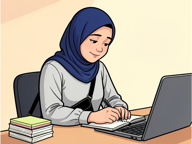 Komik: Perempuan berkerudung biru tersenyum kecil sambil menulis di buku catatan, ada tumpukan sticky notes di meja.