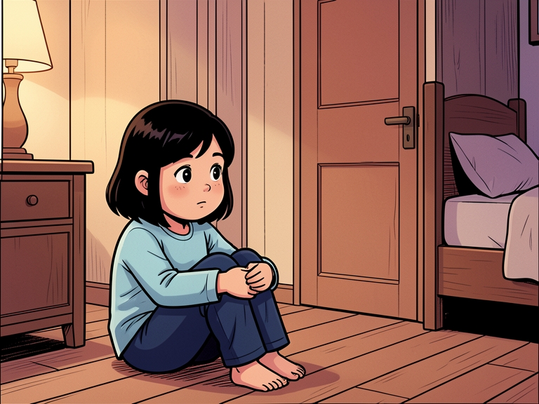 Komik: Nisa duduk sendirian di ruang tamu, memeluk lutut, menatap pintu kamar yang tertutup.
