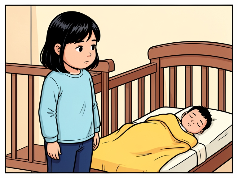 Komik: Nisa berdiri di samping ranjang bayi, menatap adiknya yang tidur, wajahnya datar.