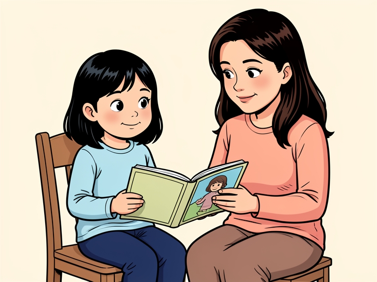 Komik: Nisa duduk di kursi bersama ibunya, keduanya memegang buku bergambar.