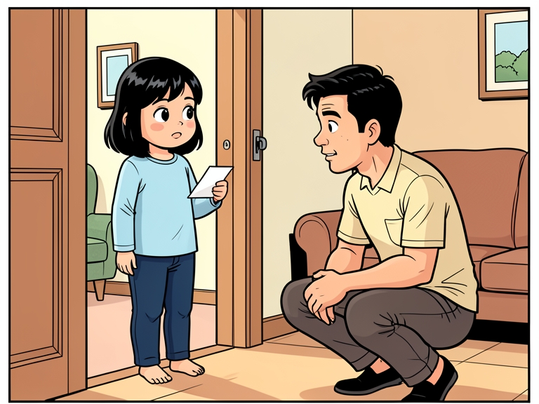 Komik: Nisa berdiri di ambang pintu sambil memegang kertas terlipat, ayahnya berjongkok mendengarkan.