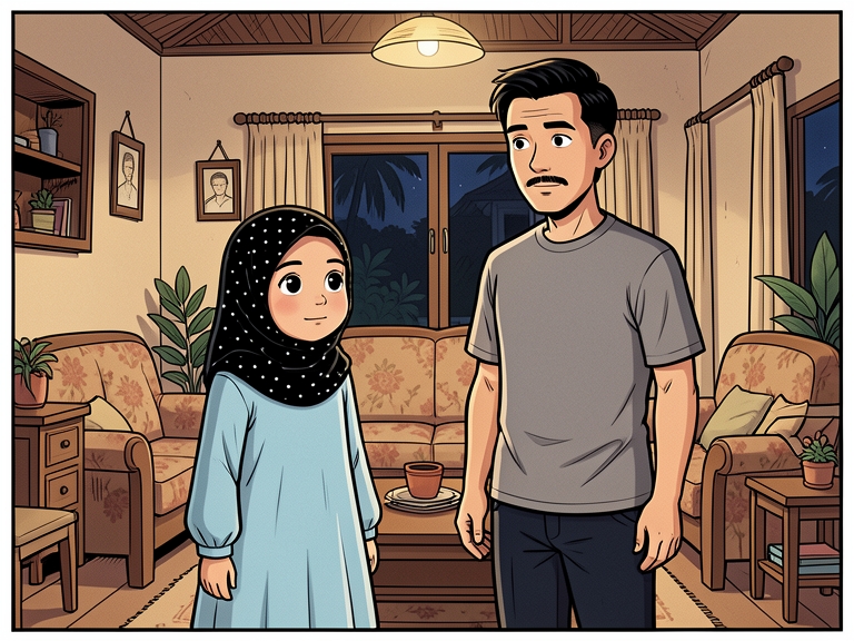 Komik: Nadia duduk di sofa sambil menunduk, Ayah duduk di kursi menghadapnya dengan wajah lembut.