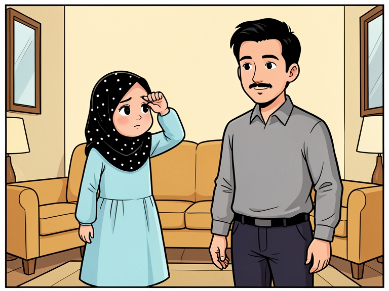 Komik: Nadia mengusap mata, Ayah menyodorkan segelas air dengan tangan satunya di lutut.