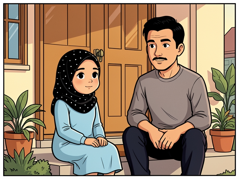 Komik: Nadia membaca Quran di teras, Ayah berdiri di pintu tersenyum tipis.