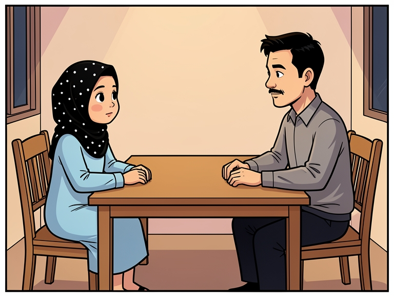 Komik: Nadia dan Ayah makan malam bersama, Nadia tersenyum kecil, Ayah menuang air.