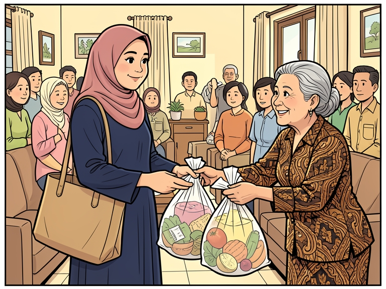 Komik: Ratna tersenyum kikuk menerima dua kantong besar dari ibu mertua di ruang tamu yang ramai.
