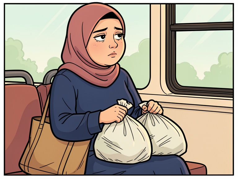Komik: Ratna duduk di bus sambil memangku dua kantong berat, menatap jendela dengan wajah lelah.