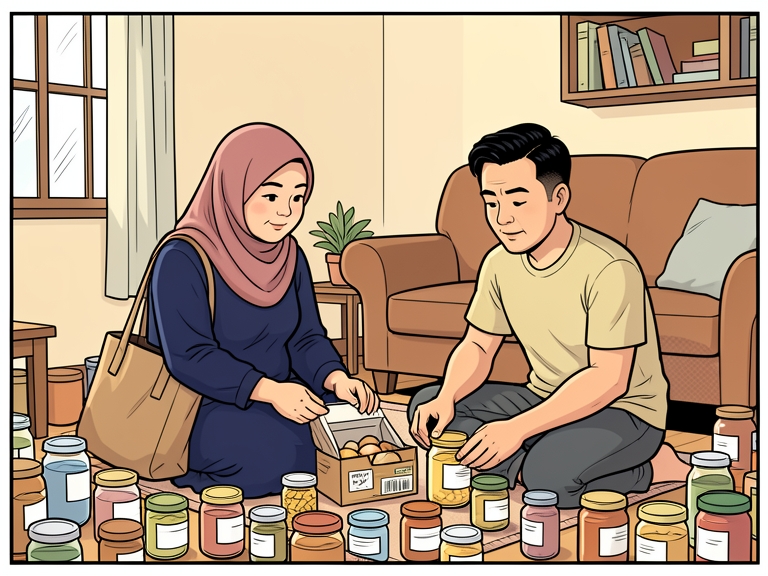 Komik: Ratna dan suaminya duduk di lantai ruang tamu, dikelilingi banyak wadah makanan dan stoples.