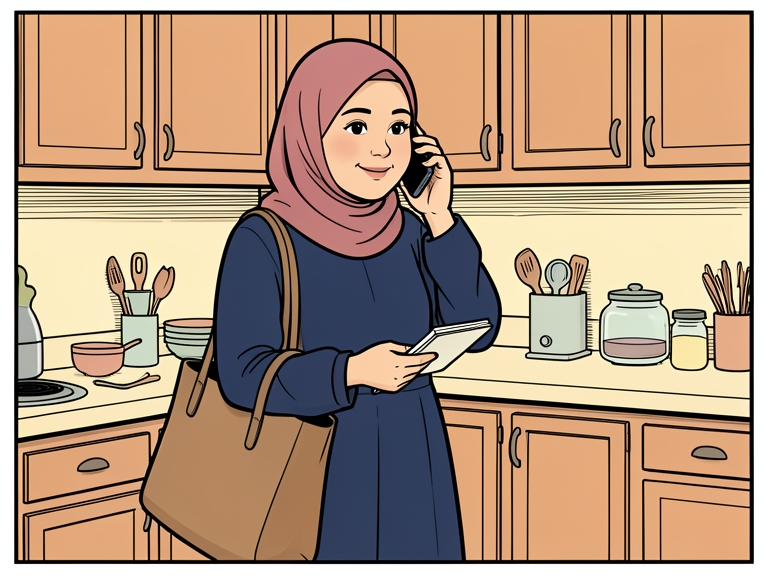 Komik: Ratna menelepon di dekat dapur sambil tersenyum tipis, satu tangan memegang buku catatan kecil.