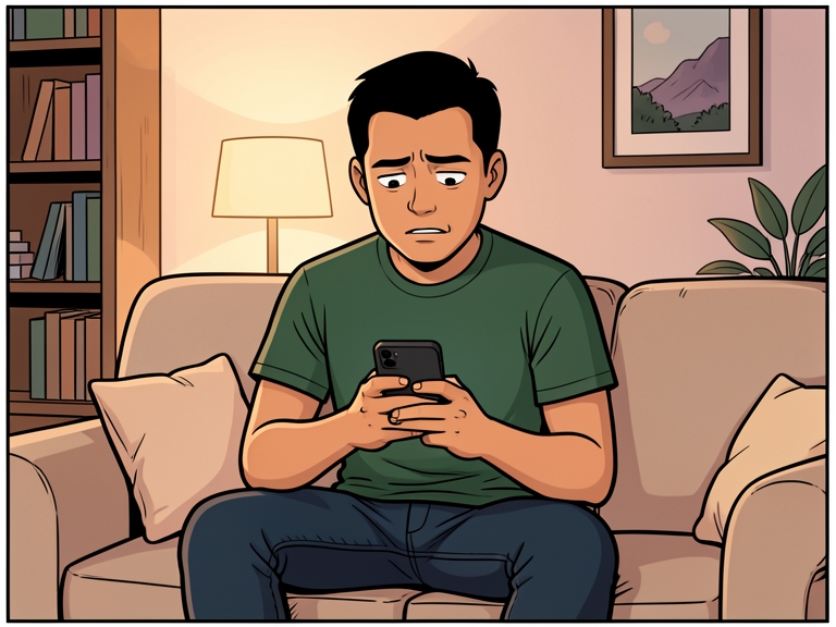 Komik: Seorang pria duduk di sofa ruang tamu sambil menatap ponselnya dengan raut wajah khawatir.