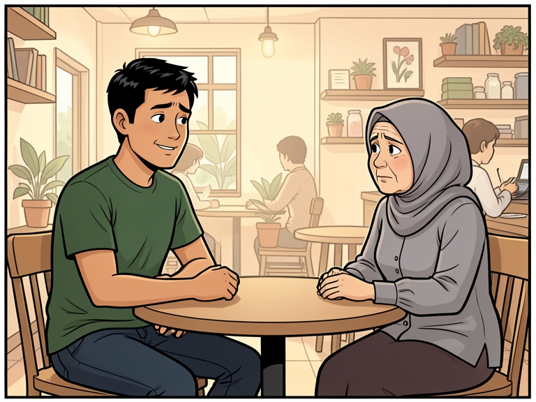 Komik: Dua orang teman lama duduk berhadapan di kedai kopi. Teman wanitanya terlihat menyesal.