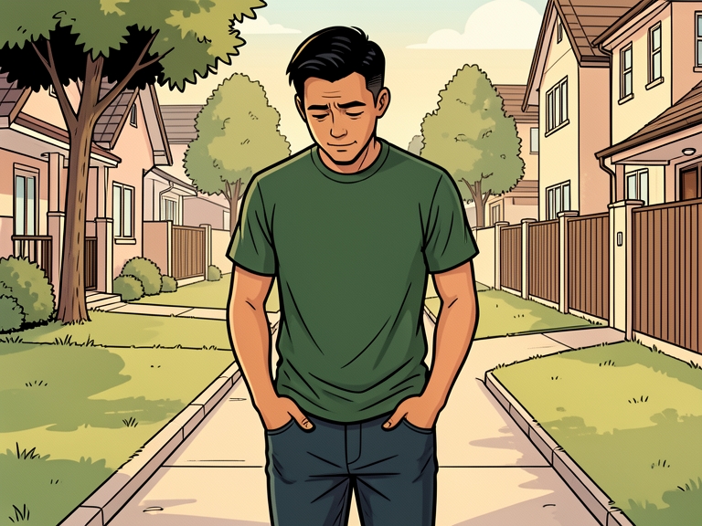 Komik: Pria berjalan sendirian di trotoar perumahan sambil menunduk, tampak sedang berpikir.