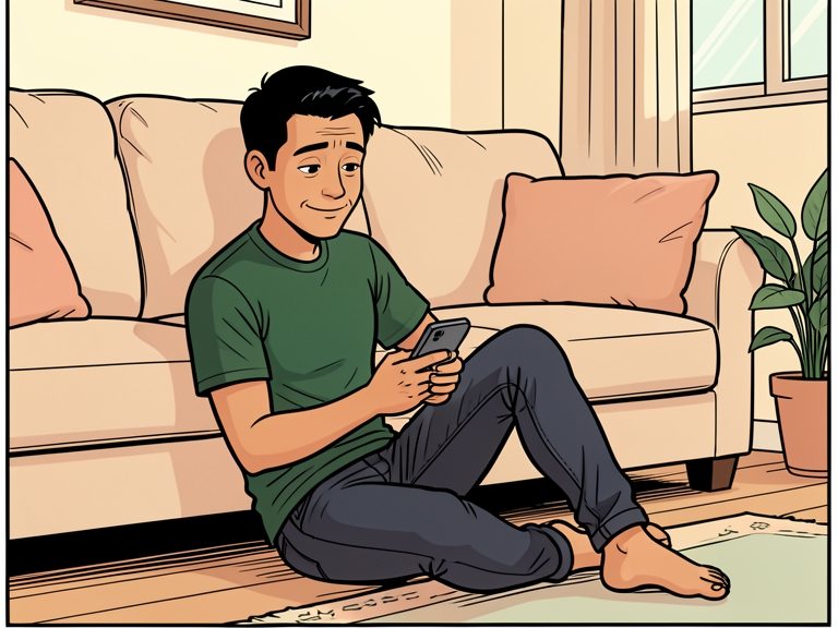 Komik: Pria duduk di lantai dekat sofa sambil tersenyum tipis dan santai melihat ponselnya.