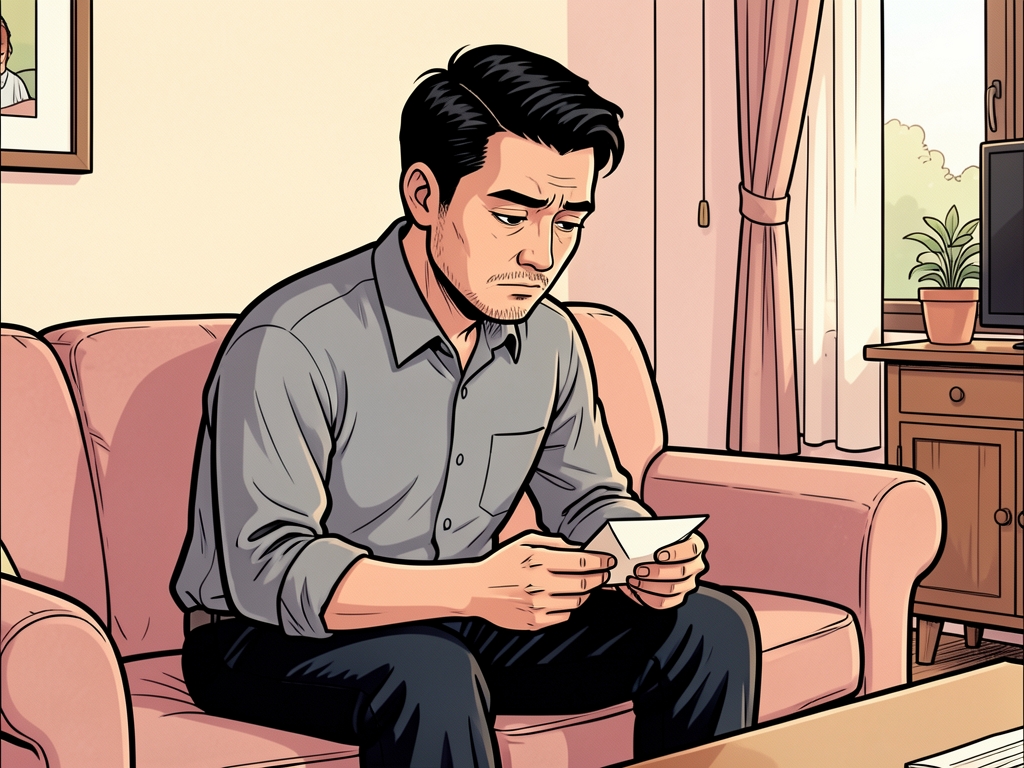 Komik: Seorang pria duduk di ruang tamu sederhana sambil memandangi amplop kecil dengan wajah berpikir.