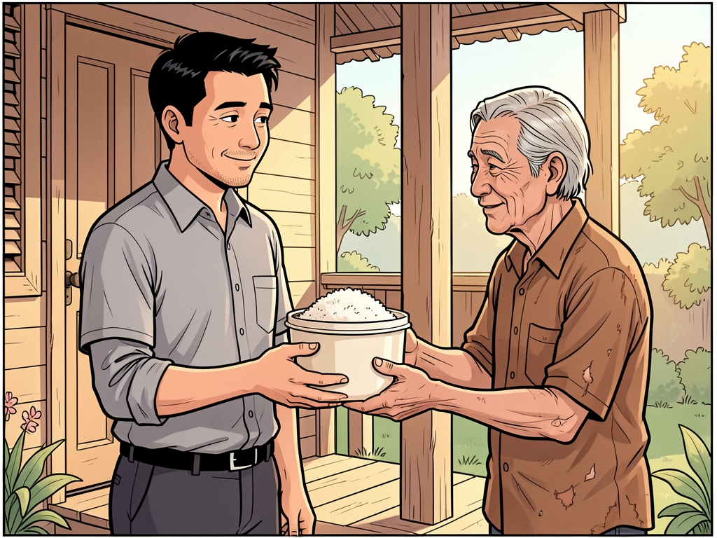 Komik: Tetangga tua memberikan wadah berisi beras kepada pria berbaju abu-abu di teras rumah.