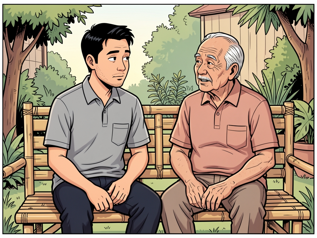 Komik: Dua pria duduk berdampingan di bangku bambu, yang muda mendengarkan dengan penuh perhatian.