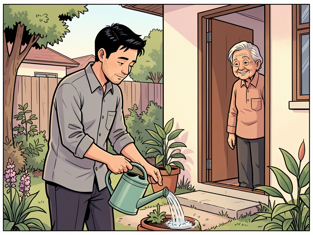 Komik: Pria berbaju abu-abu menyiram tanaman di halaman rumah tetangganya, disaksikan dari pintu dengan senyuman hangat.