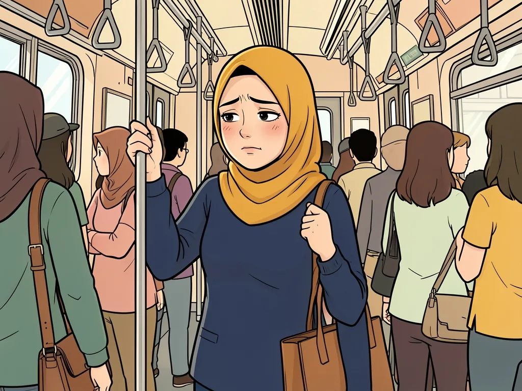 Komik: Laras berdiri lelah di kereta yang penuh sesak pagi hari