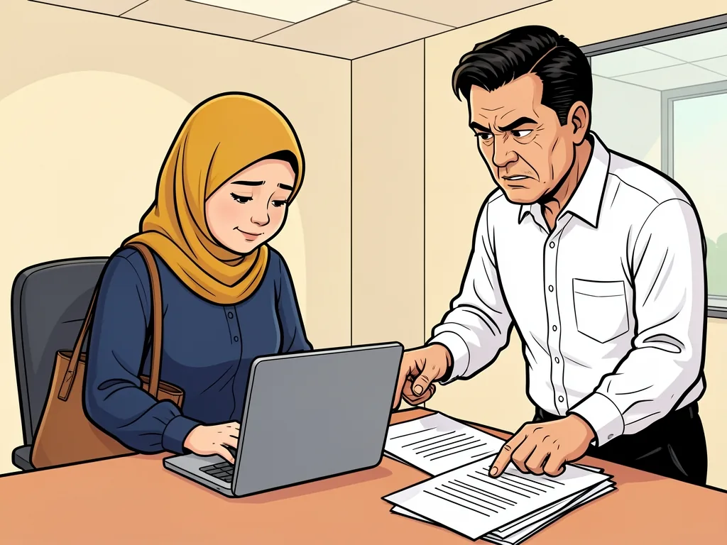 Komik: atasan Laras menunjuk berkas di mejanya, Laras menunduk sedih