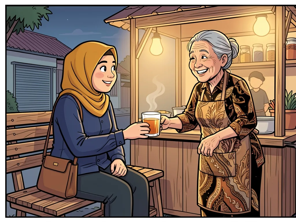 Komik: ibu penjual warung tersenyum memberikan segelas teh hangat kepada Laras