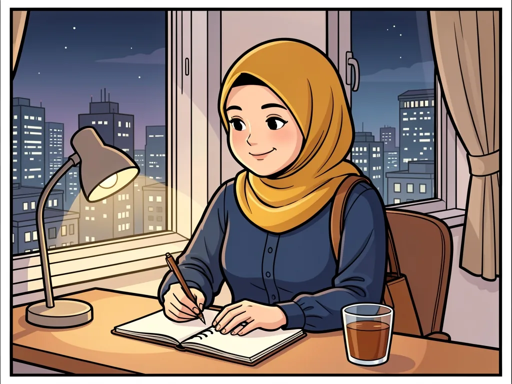 Komik: Laras tersenyum menulis di buku catatan dekat jendela pada malam hari